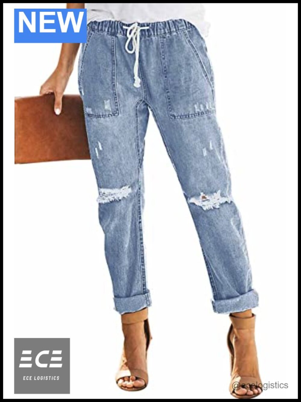 Women's Pull-On Distressed Stretch Jeans Elastic Waist Denim Joggers